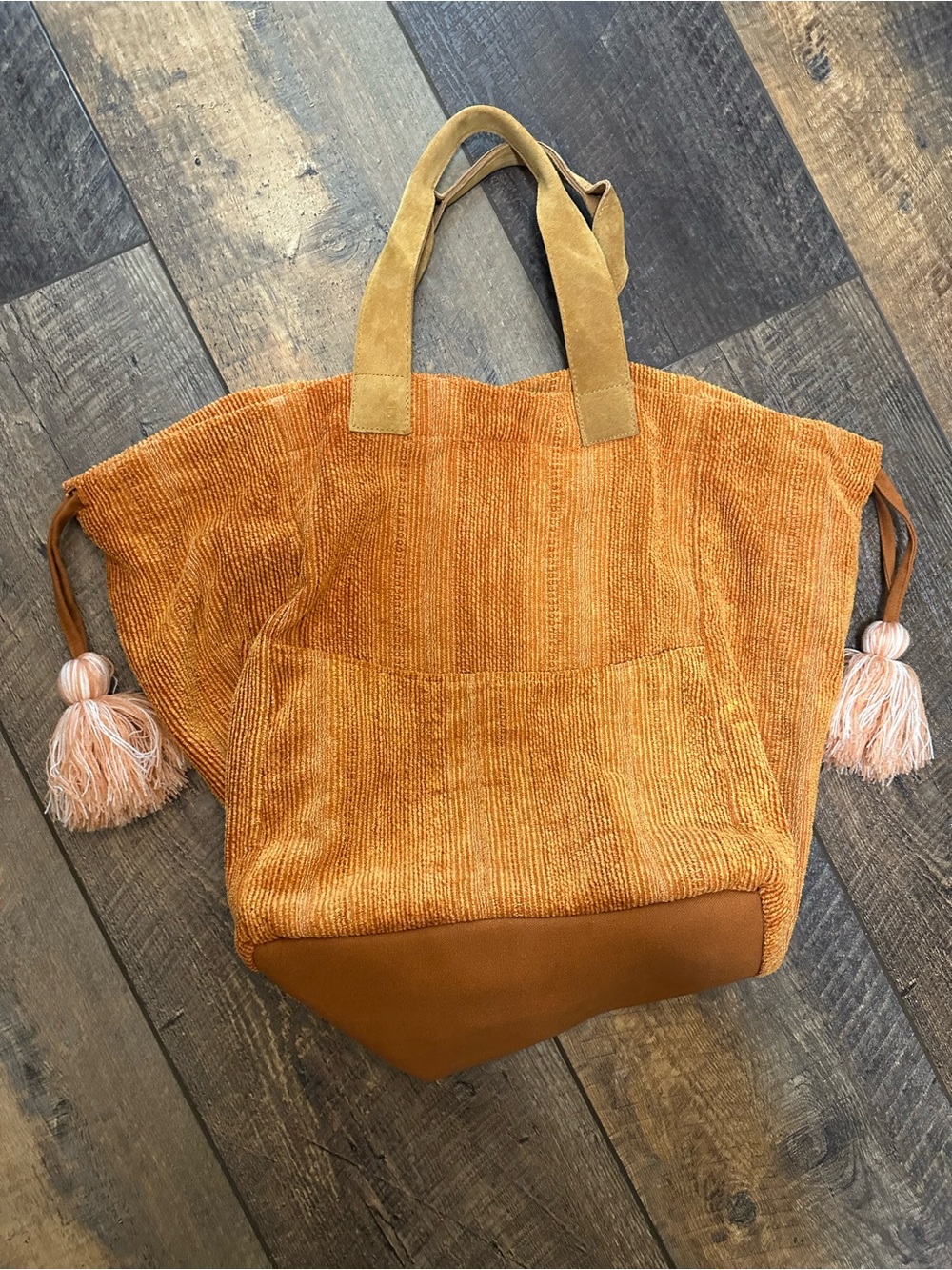 Corduroy Tassel Tote in Rust Orange with Suede Accents